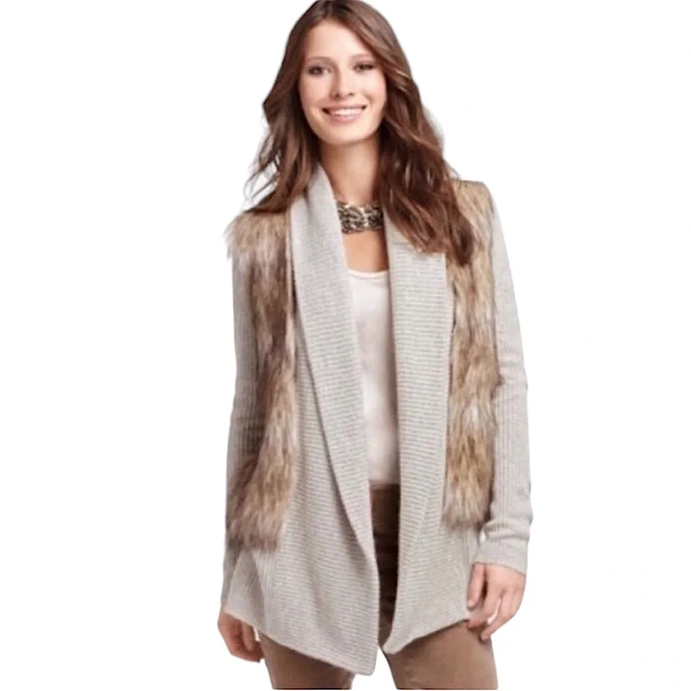 ANN TAYLOR sz Small Merino Wool Alpaca Open Sweater + Faux Fur Natural Colors